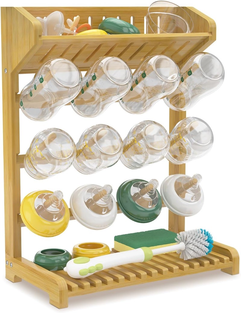 EsLuker.ly Baby Bottle Drying Rack Bamboo Vertical Dryer Holder, Space Saving for 12 Milk Glass Bottle Countertop, Wooden Drain Stand Shelf for New Parents - Image 1